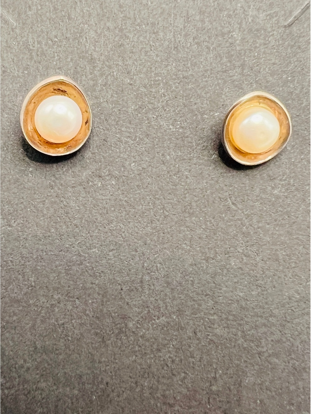 925 Sterling Silver Pearl Stud Earrings Gold Tone Bezel Vintage Style